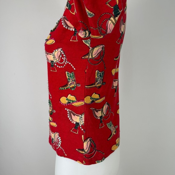 VTG Take Two Womens Red Western Sequin Cowboy Boot Hat Top Cotton Knit SZ M - Picture 6 of 11